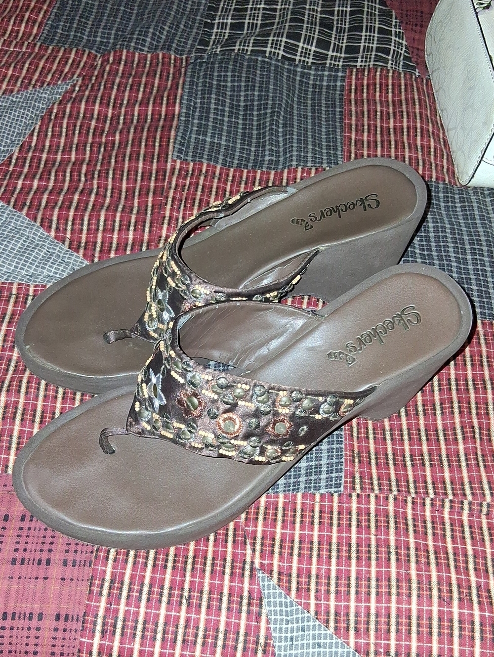Skechers Women's Brown Embellished Wedge Sandals